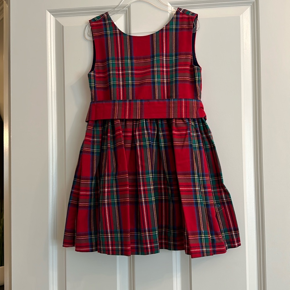 Plaid Christmas Dress with Belt and Pearl Buttons. Brown Bowen & Company Size 5